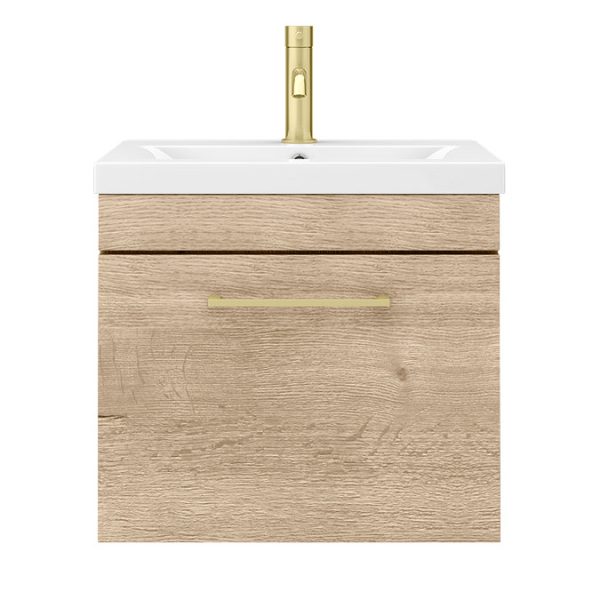 Arezzo Wall Hung Vanity Unit   Rustic Oak   500mm with Brushed Brass Handle - Image 2