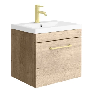 Arezzo Wall Hung Vanity Unit   Rustic Oak   500mm with Brushed Brass Handle