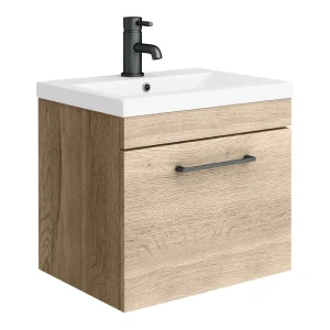 Arezzo Wall Hung Vanity Unit   Rustic Oak   500mm with Matt Black Handle