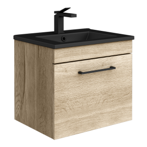 Arezzo Wall Hung Vanity Unit   Rustic Oak   500mm with Matt Black Slimline Basin + Handle