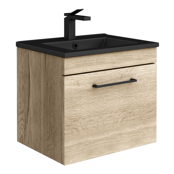 Arezzo Wall Hung Vanity Unit   Rustic Oak   500mm with Matt Black Slimline Basin + Handle