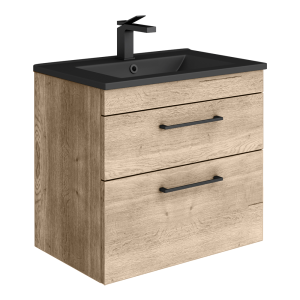 Arezzo 600 Rustic Oak Wall Hung 2 Drawer Vanity Unit with Matt Black Slimline Basin + Handles
