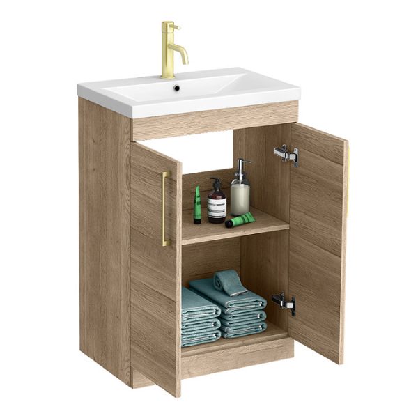 Arezzo Floor Standing Vanity Unit   Rustic Oak   600mm with Brushed Brass Handles - Image 4