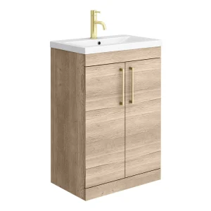 Arezzo Floor Standing Vanity Unit   Rustic Oak   600mm with Brushed Brass Handles