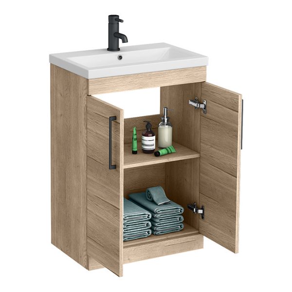 Arezzo Floor Standing Vanity Unit   Rustic Oak   600mm with Matt Black Handles - Image 3