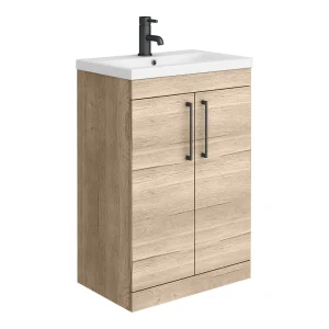 Arezzo Floor Standing Vanity Unit   Rustic Oak   600mm with Matt Black Handles