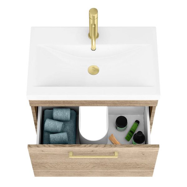 Arezzo Wall Hung Vanity Unit   Rustic Oak   600mm with Brushed Brass Handle - Image 4