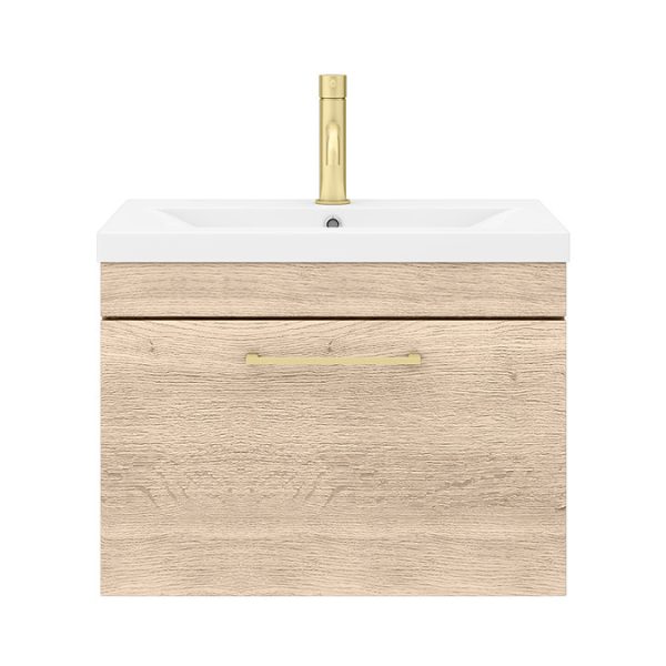 Arezzo Wall Hung Vanity Unit   Rustic Oak   600mm with Brushed Brass Handle - Image 2