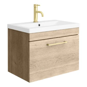 Arezzo Wall Hung Vanity Unit   Rustic Oak   600mm with Brushed Brass Handle