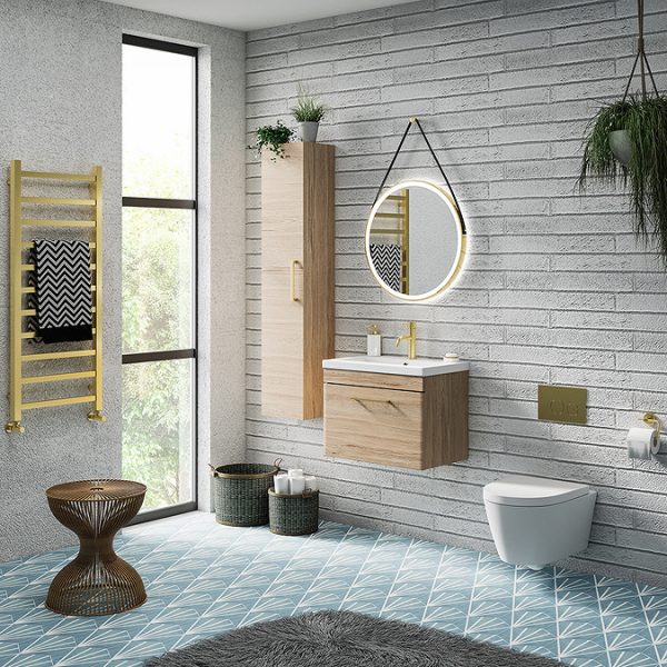 Arezzo Wall Hung Vanity Unit   Rustic Oak   600mm with Brushed Brass Handle - Image 5