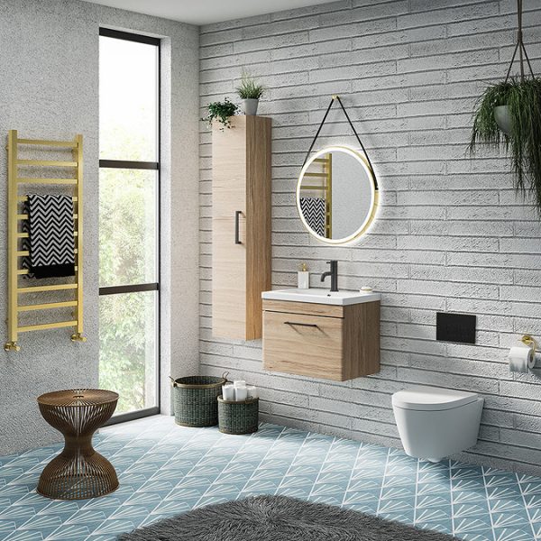Arezzo Wall Hung Vanity Unit   Rustic Oak   600mm with Matt Black Handle - Image 6