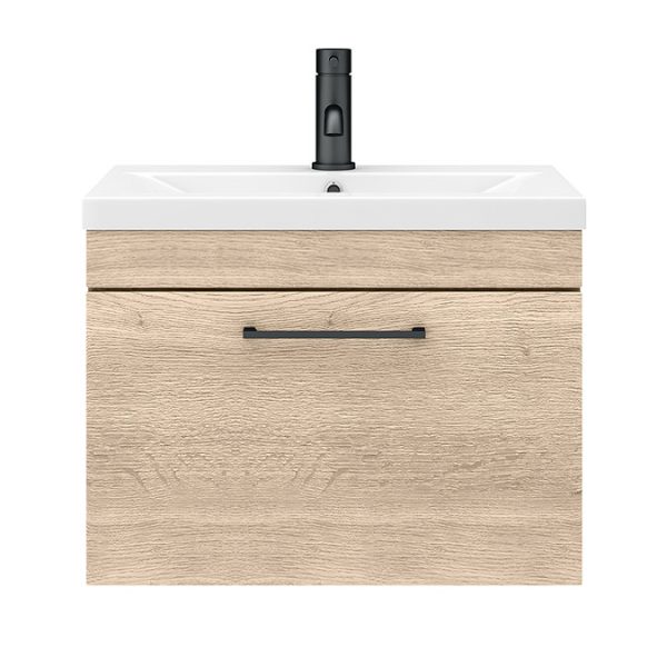 Arezzo Wall Hung Vanity Unit   Rustic Oak   600mm with Matt Black Handle - Image 2