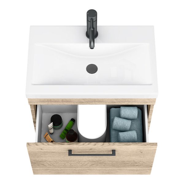 Arezzo Wall Hung Vanity Unit   Rustic Oak   600mm with Matt Black Handle - Image 5