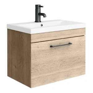 Arezzo Wall Hung Vanity Unit   Rustic Oak   600mm with Matt Black Handle