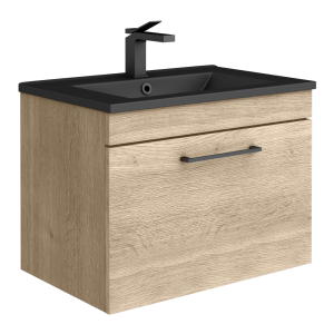 Arezzo Wall Hung Vanity Unit   Rustic Oak   600mm with Matt Black Slimline Basin + Handle