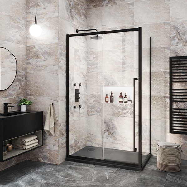 Arezzo Senza 800mm Matt Black / Vicenza Oak Wall Hung Vanity Unit with Open Shelf + Matt Black Slimline Basin - Image 2