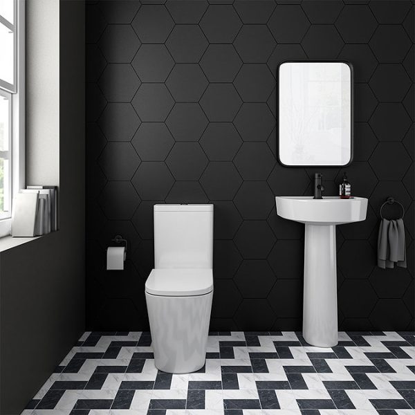 Arezzo Square BTW Close Coupled Rimless Toilet with Soft Close Seat (Matt Black Flush + Hinges) - Image 4
