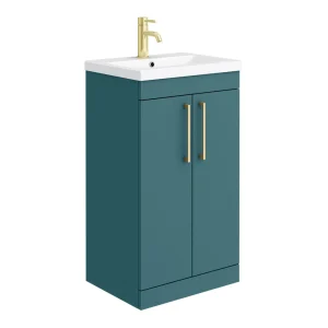 Arezzo 500 Matt Teal Green Floor Standing Vanity Unit with Brushed Brass Handles