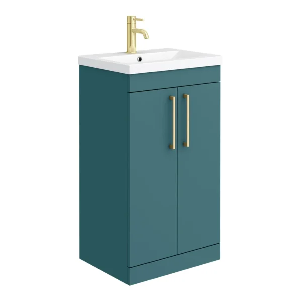 Arezzo 500 Matt Teal Green Floor Standing Vanity Unit with Brushed Brass Handles