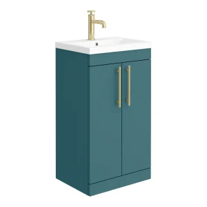 Arezzo Floor Standing Vanity Unit   Matt Teal Green   500mm with Industrial Style Brushed Brass Handles