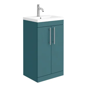 Arezzo Floor Standing Vanity Unit   Matt Teal Green   500mm with Industrial Style Chrome Handles