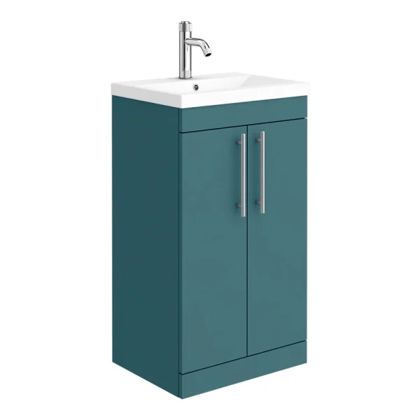Arezzo Floor Standing Vanity Unit   Matt Teal Green   500mm with Industrial Style Chrome Handles