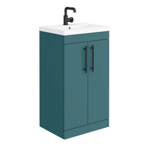 Arezzo Floor Standing Vanity Unit   Matt Teal Green   500mm with Industrial Style Black Handles