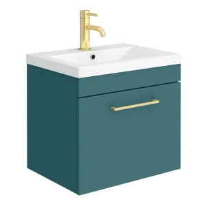 Arezzo Wall Hung Vanity Unit   Matt Teal Green   500mm 1 Drawer with Brushed Brass Handle