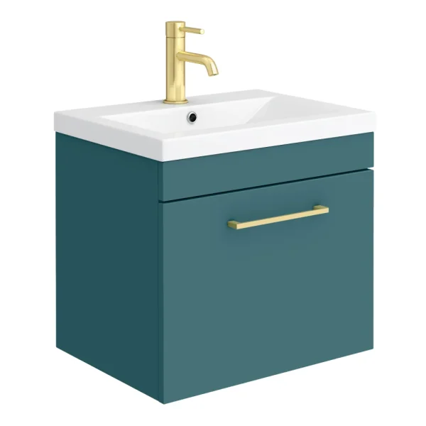 Arezzo Wall Hung Vanity Unit   Matt Teal Green   500mm 1 Drawer with Brushed Brass Handle