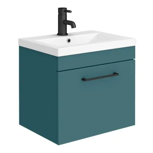 Arezzo Wall Hung Vanity Unit   Matt Teal Green   500mm 1 Drawer with Matt Black Handle
