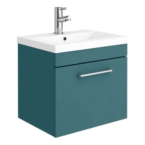 Arezzo Wall Hung Vanity Unit   Matt Teal Green   500mm 1 Drawer with Chrome Handle