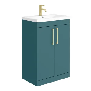 Arezzo 600 Matt Teal Green Floor Standing Vanity Unit with Brushed Brass Handles