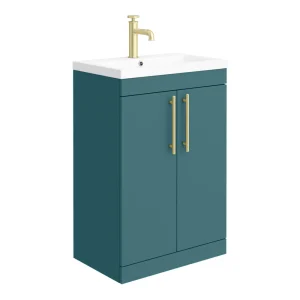 Arezzo Floor Standing Vanity Unit   Matt Teal Green   600mm with Industrial Style Brushed Brass Handles