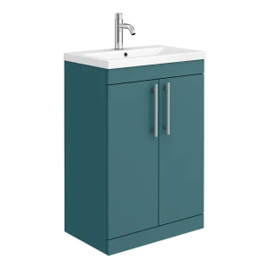 Arezzo Floor Standing Vanity Unit   Matt Teal Green   600mm with Industrial Style Chrome Handles
