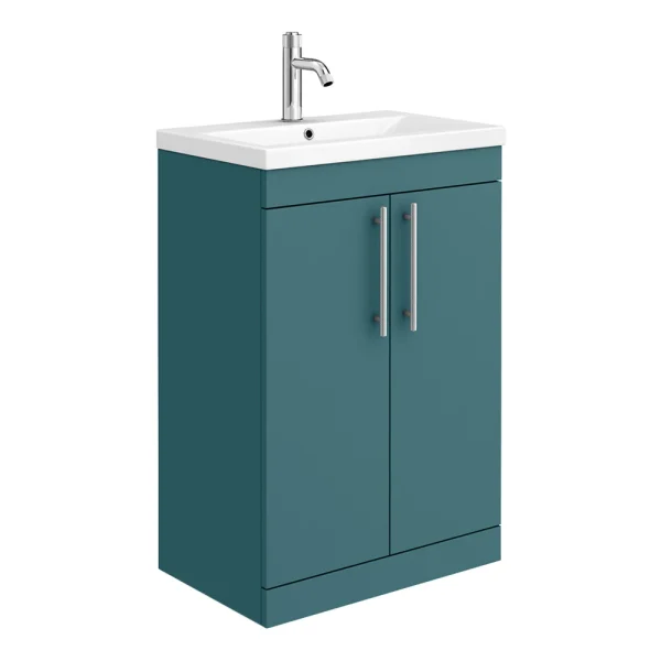 Arezzo Floor Standing Vanity Unit   Matt Teal Green   600mm with Industrial Style Chrome Handles