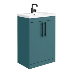 Arezzo Floor Standing Vanity Unit   Matt Teal Green   600mm with Industrial Style Matt Black Handles