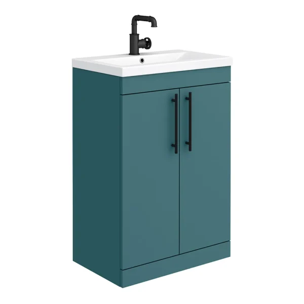 Arezzo Floor Standing Vanity Unit   Matt Teal Green   600mm with Industrial Style Matt Black Handles