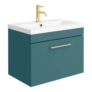 Arezzo Wall Hung Vanity Unit   Matt Teal Green   600mm 1 Drawer with Brushed Brass Handle