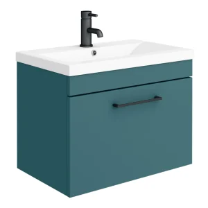 Arezzo Wall Hung Vanity Unit   Matt Teal Green   600mm 1 Drawer with Matt Black Handle