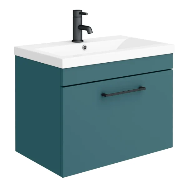 Arezzo Wall Hung Vanity Unit   Matt Teal Green   600mm 1 Drawer with Matt Black Handle