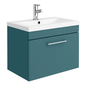 Arezzo Wall Hung Vanity Unit   Matt Teal Green   600mm 1 Drawer with Chrome Handle