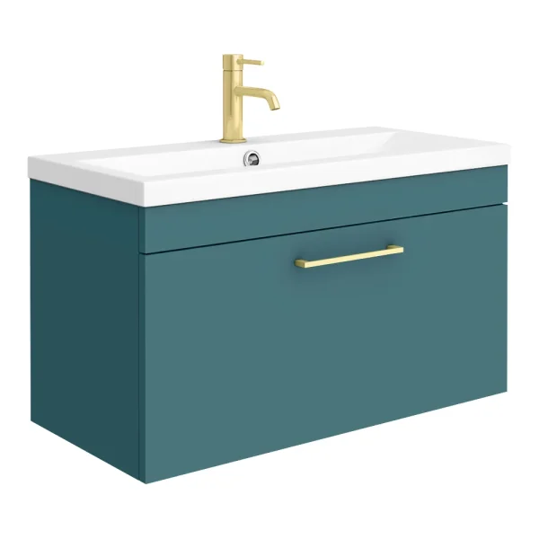 Arezzo Wall Hung Vanity Unit   Matt Teal Green   800mm with Brushed Brass Handle