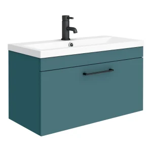 Arezzo Wall Hung Vanity Unit   Matt Teal Green   800mm with Matt Black Handle