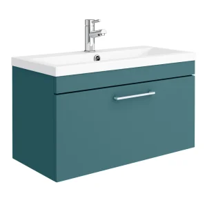 Arezzo Wall Hung Vanity Unit   Matt Teal Green   800mm with Chrome Handle