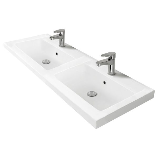 Arezzo Matt Blue Wall Hung Double Basin Vanity Unit (1205mm w. Brushed Brass Handles) - Image 5