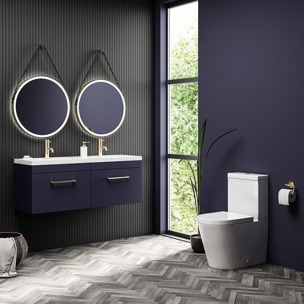 Arezzo Matt Blue Wall Hung Double Basin Vanity Unit (1205mm w. Brushed Brass Handles) - Image 2