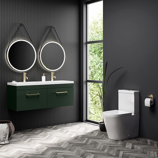 Arezzo Matt Dark Green Wall Hung Double Basin Vanity Unit (1205mm w. Brushed Brass Handles) - Image 4