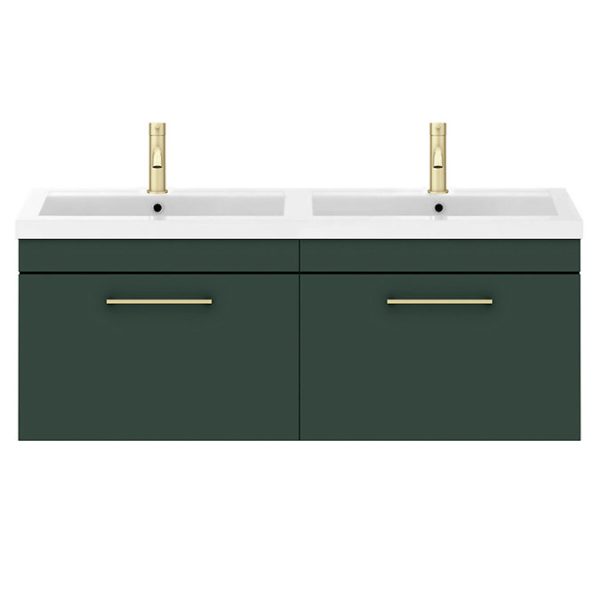 Arezzo Matt Dark Green Wall Hung Double Basin Vanity Unit (1205mm w. Brushed Brass Handles) - Image 2