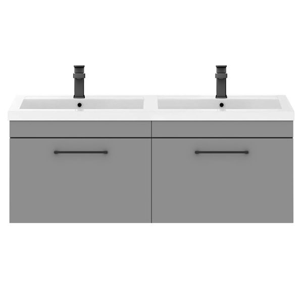 Arezzo Matt Grey Wall Hung Double Basin Vanity Unit (1205mm w. Matt Black Handles) - Image 4