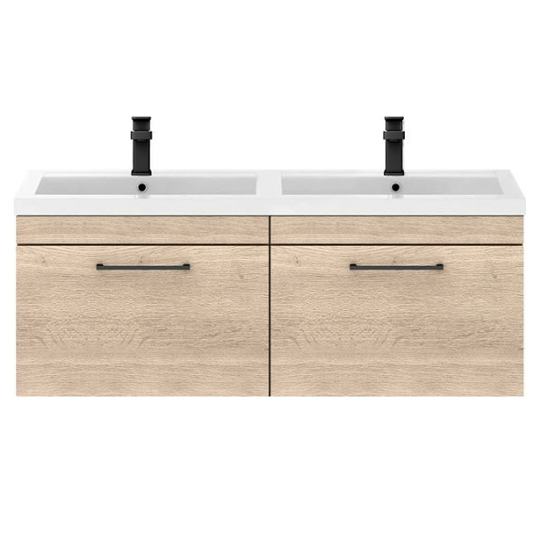 Arezzo Rustic Oak Wall Hung Double Basin Vanity Unit (1205mm w. Matt Black Handles) - Image 4
